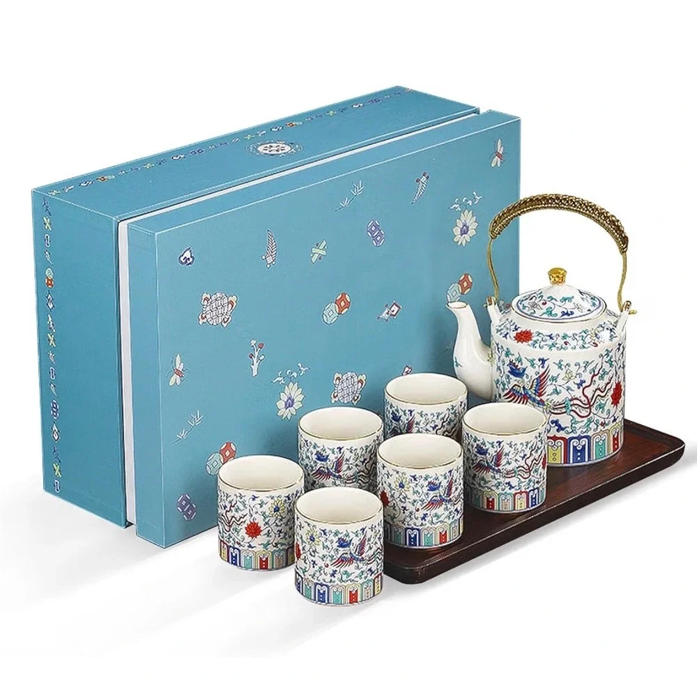 Fanquare Chinese Traditional Tea Set for 6 | Ceramic Teapot w 6 Tea Cups | New